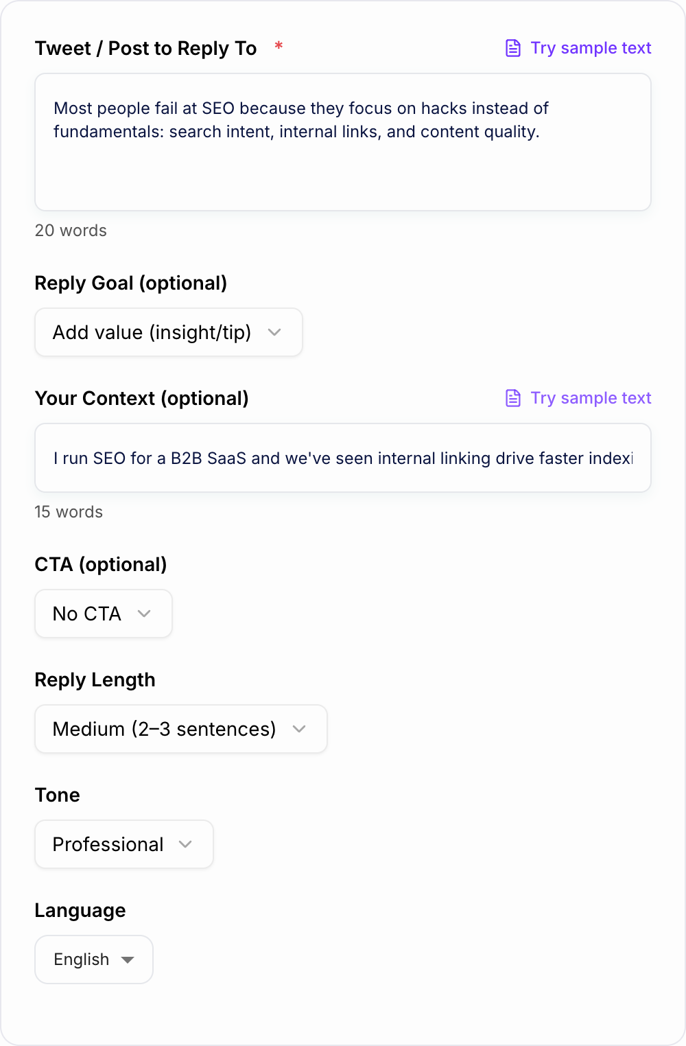 Screenshot of the AI Twitter Reply Generator form