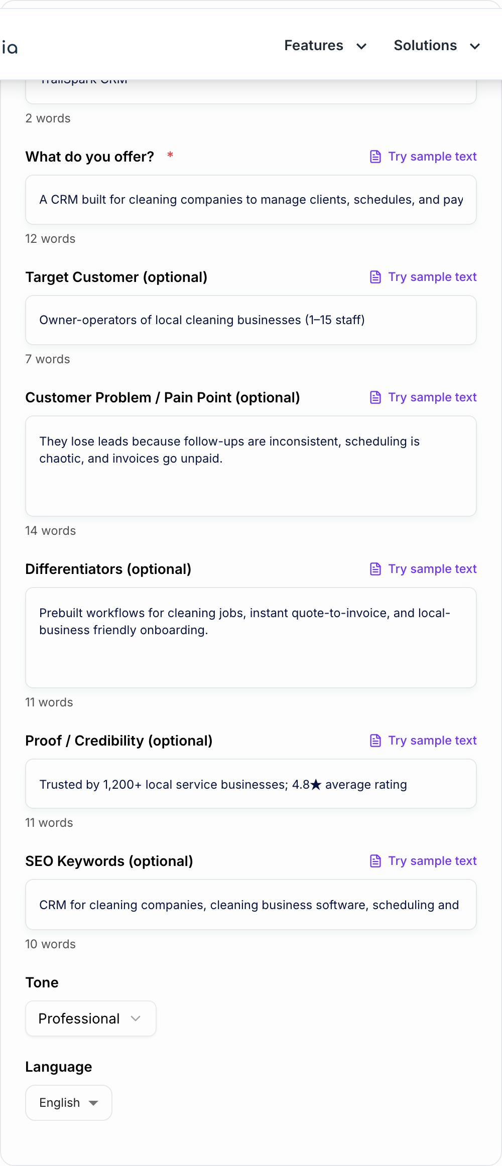 Screenshot of the AI Unique Selling Proposition Generator form with offer, audience, and constraint fields filled in