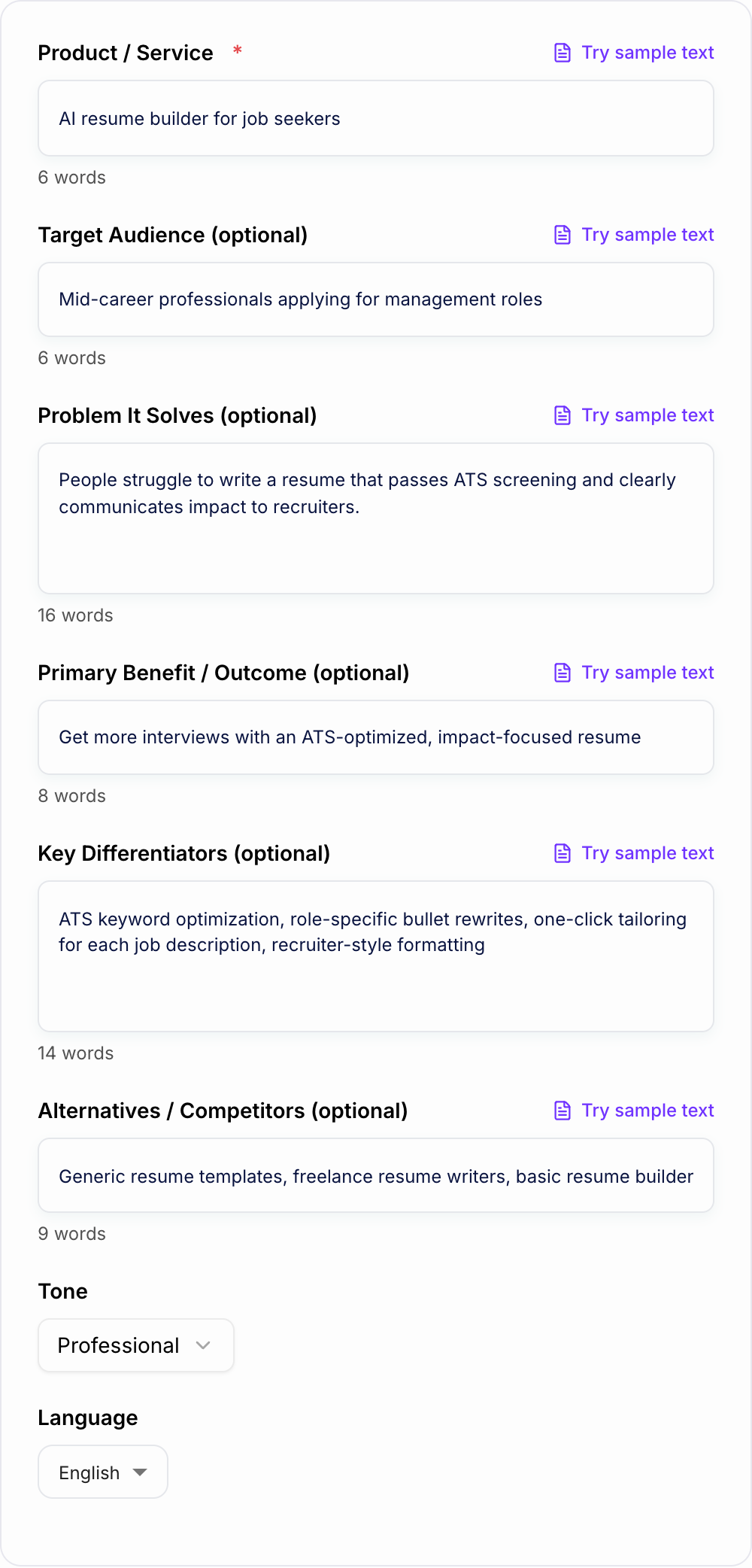 Screenshot of the AI Value Proposition Generator form