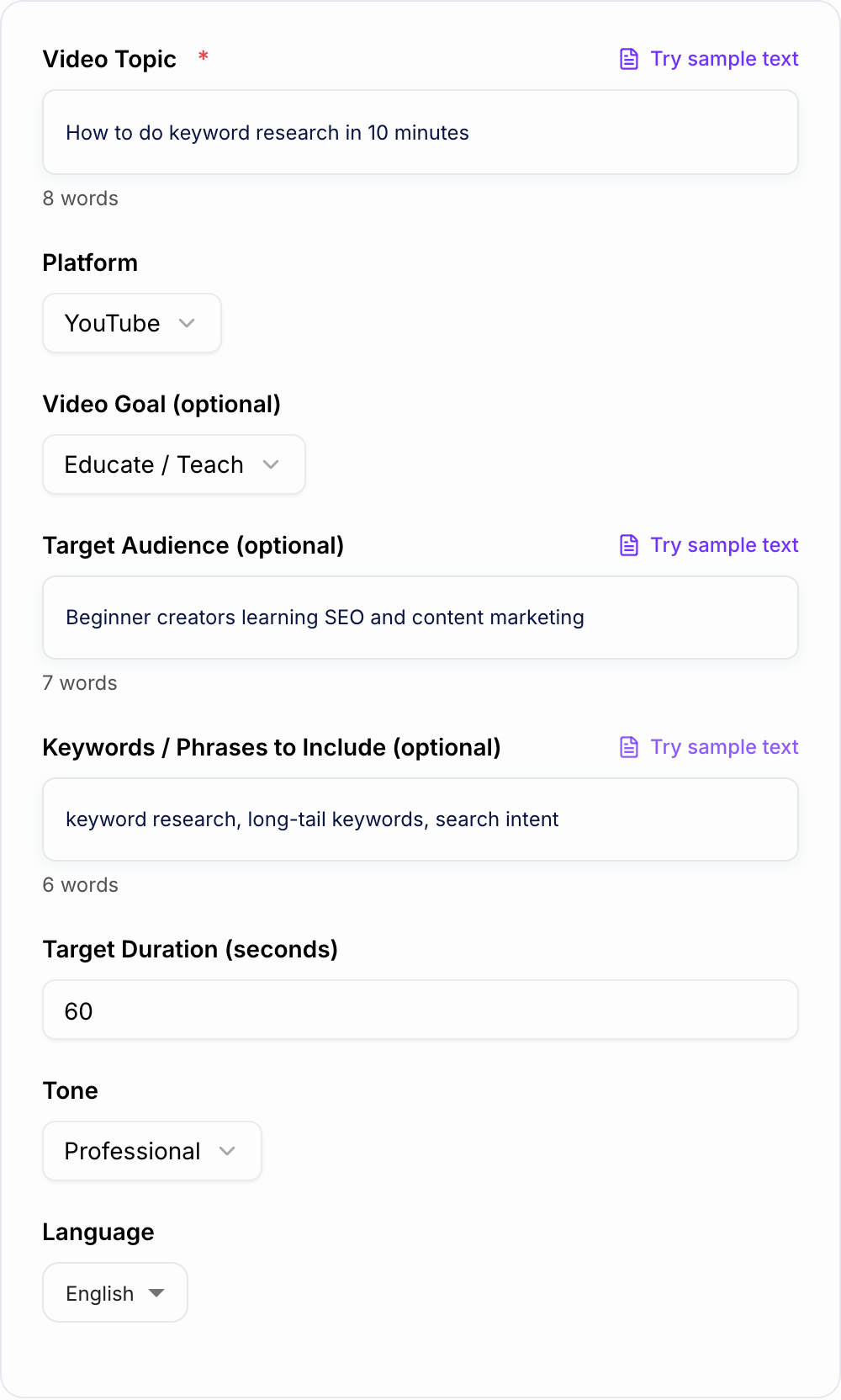 Screenshot of the AI Video Script Outline Generator form