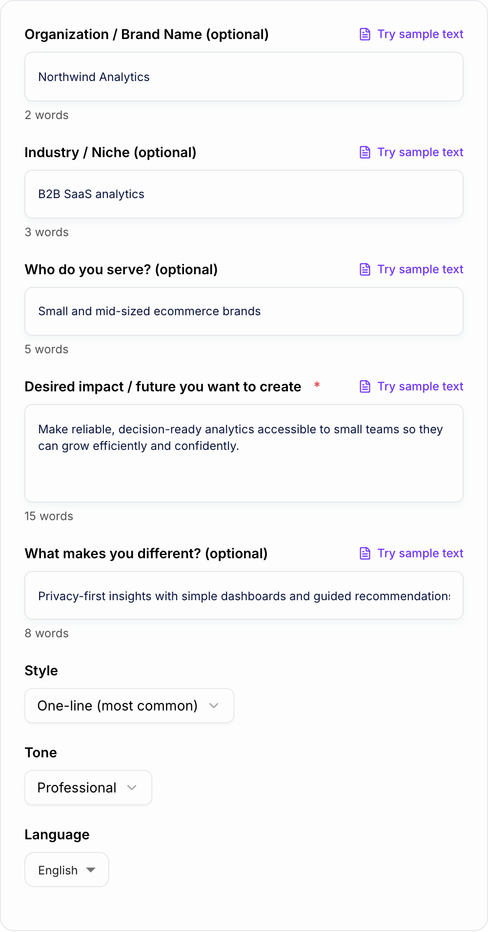 Screenshot of the AI Vision Statement Generator form with time horizon, audience, and outcome filled in