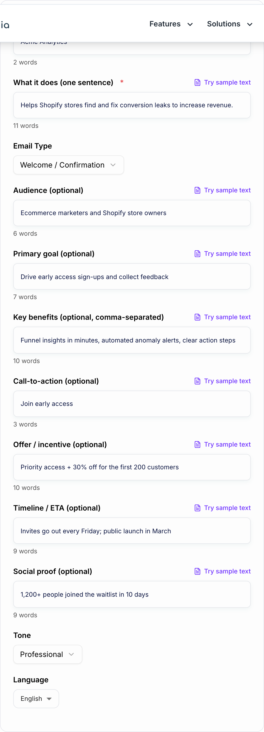 Screenshot of the AI Waitlist Email Generator form