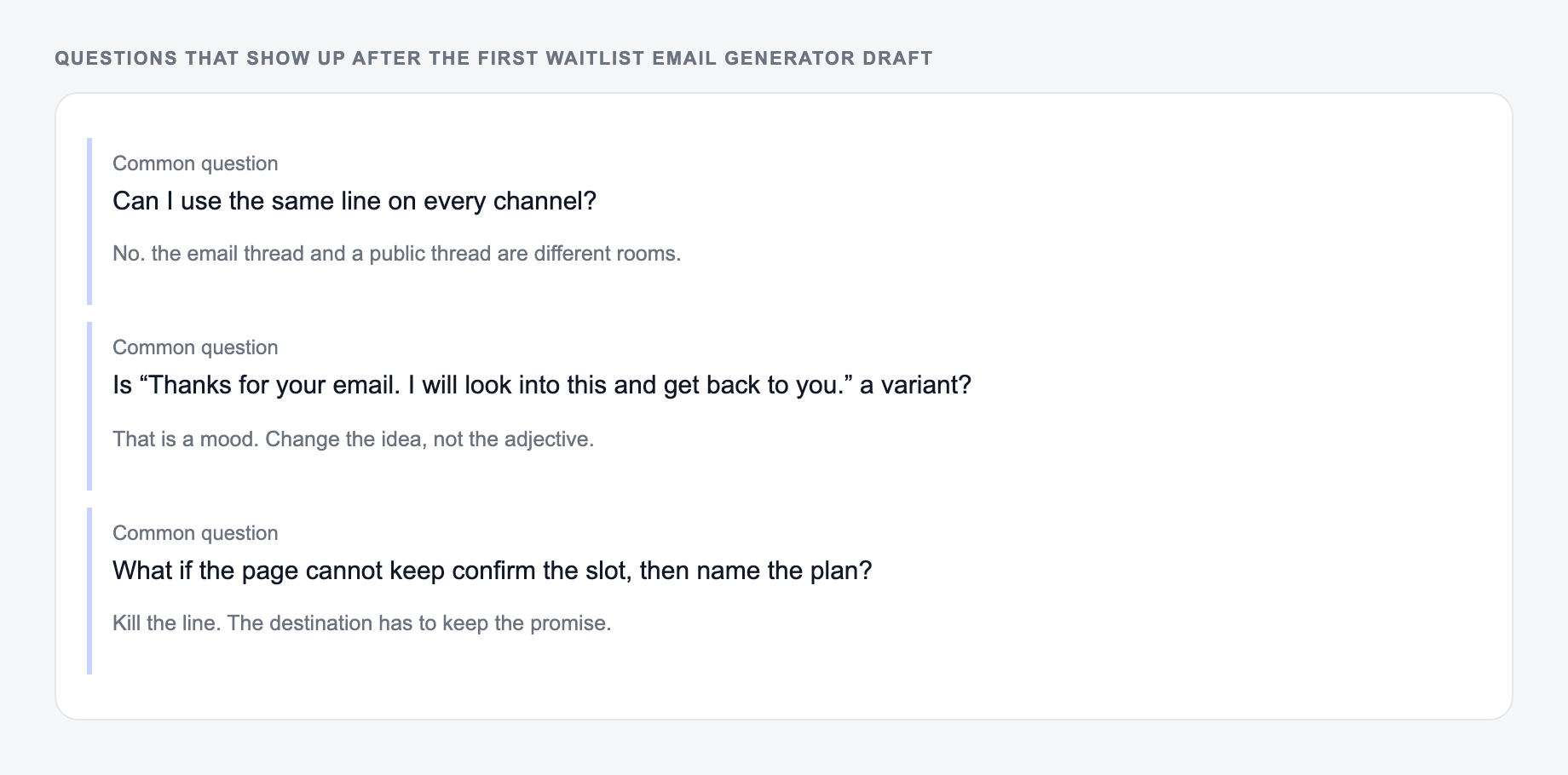 Screenshot of three common questions people ask after generating with the Waitlist Email Generator, including what to lock (Tuesday 10:00 and the fee) and when to stop
