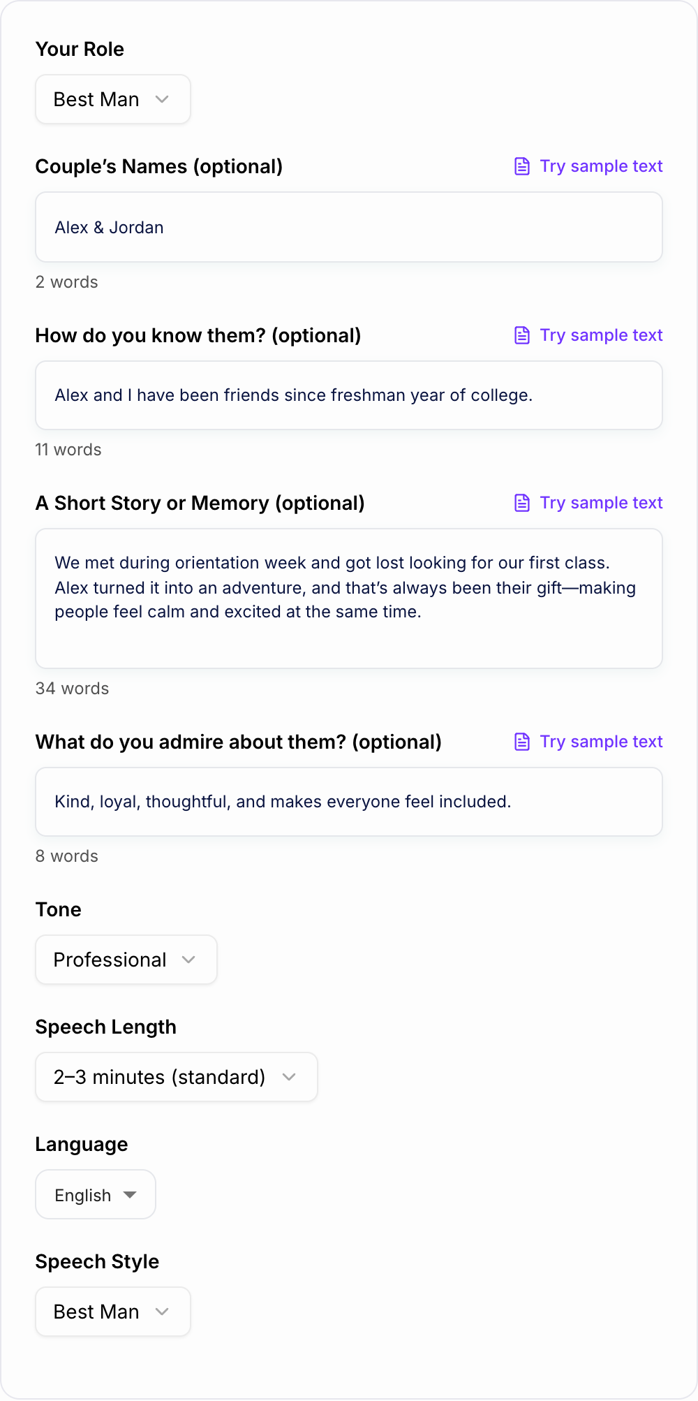 Screenshot of the AI Wedding Speech Generator form with role, stories, and timebox filled in