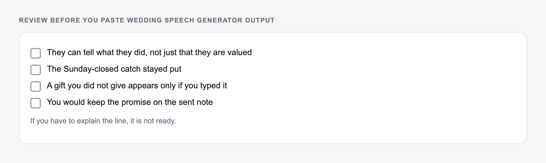 Screenshot of a four-item review checklist for Wedding Speech Generator output, covering what must stay true and what the draft is not allowed to invent