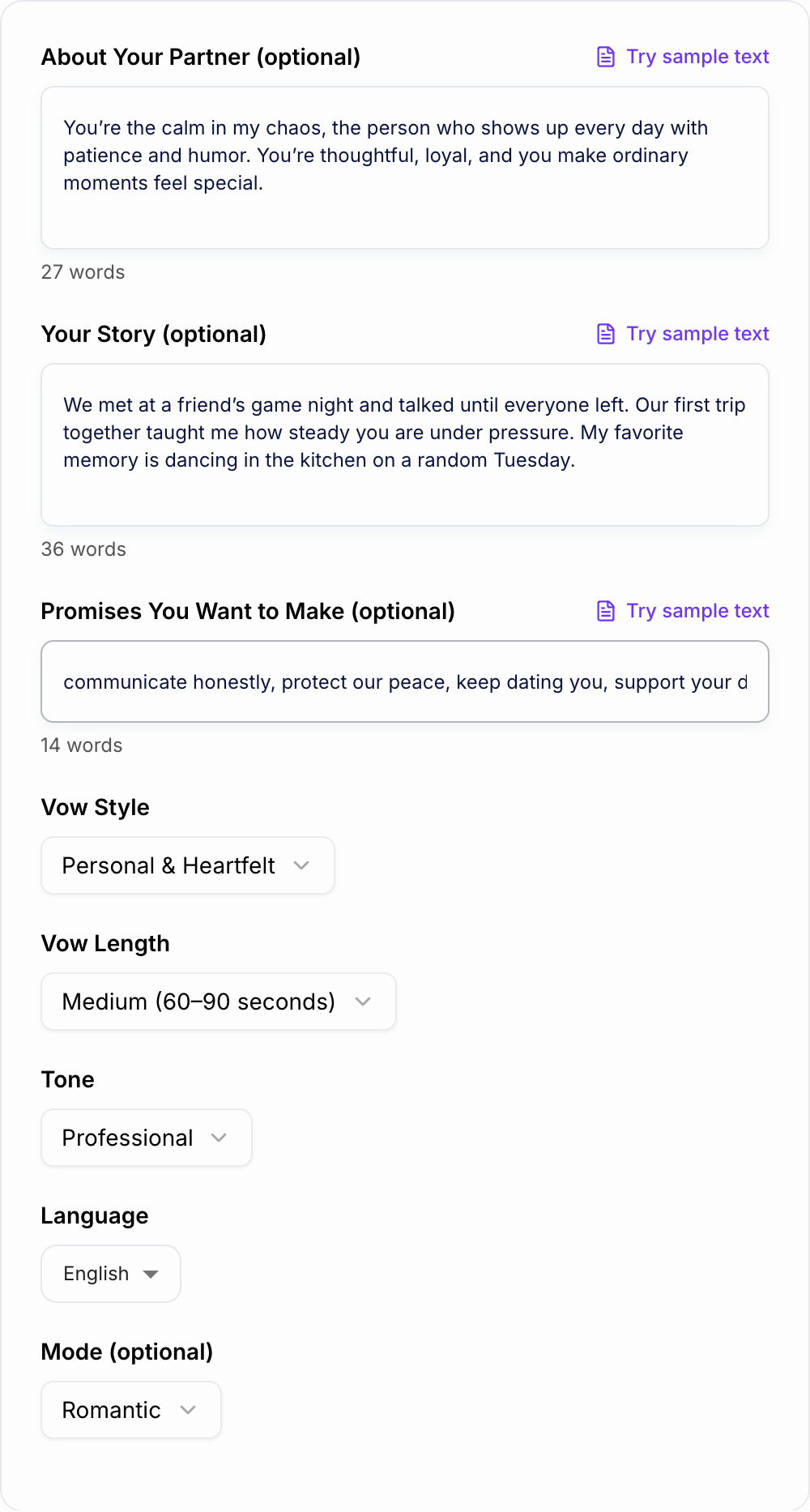 Screenshot of the AI Wedding Vow Generator form with stories, promises, and vow style filled in