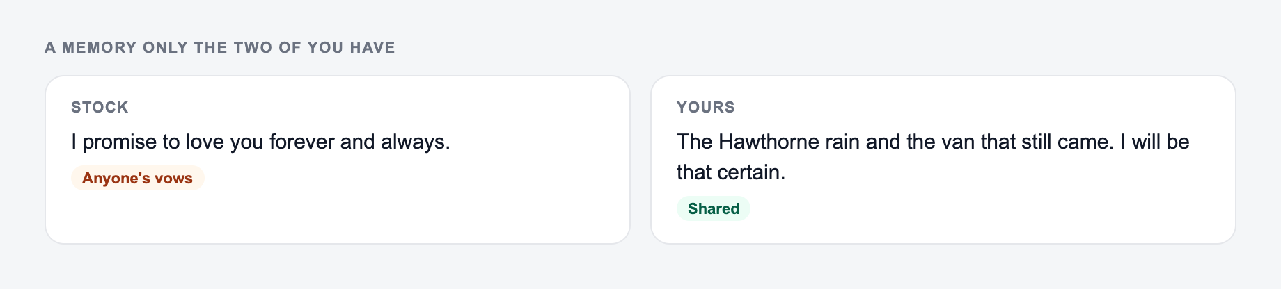 Screenshot from the AI Wedding Vow Generator showing wedding vows that name a shared scene, versus forever-generic