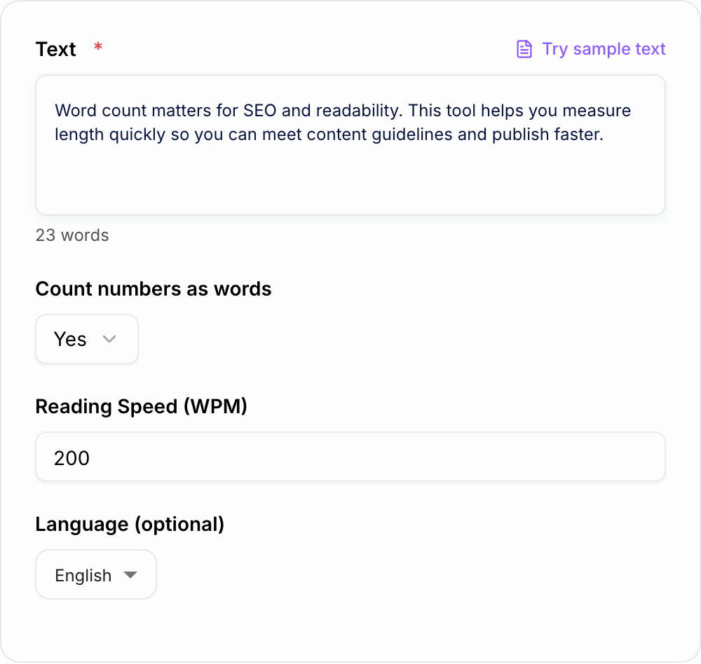 Screenshot of the AI Word Count Tool form with a sample draft pasted for a length check