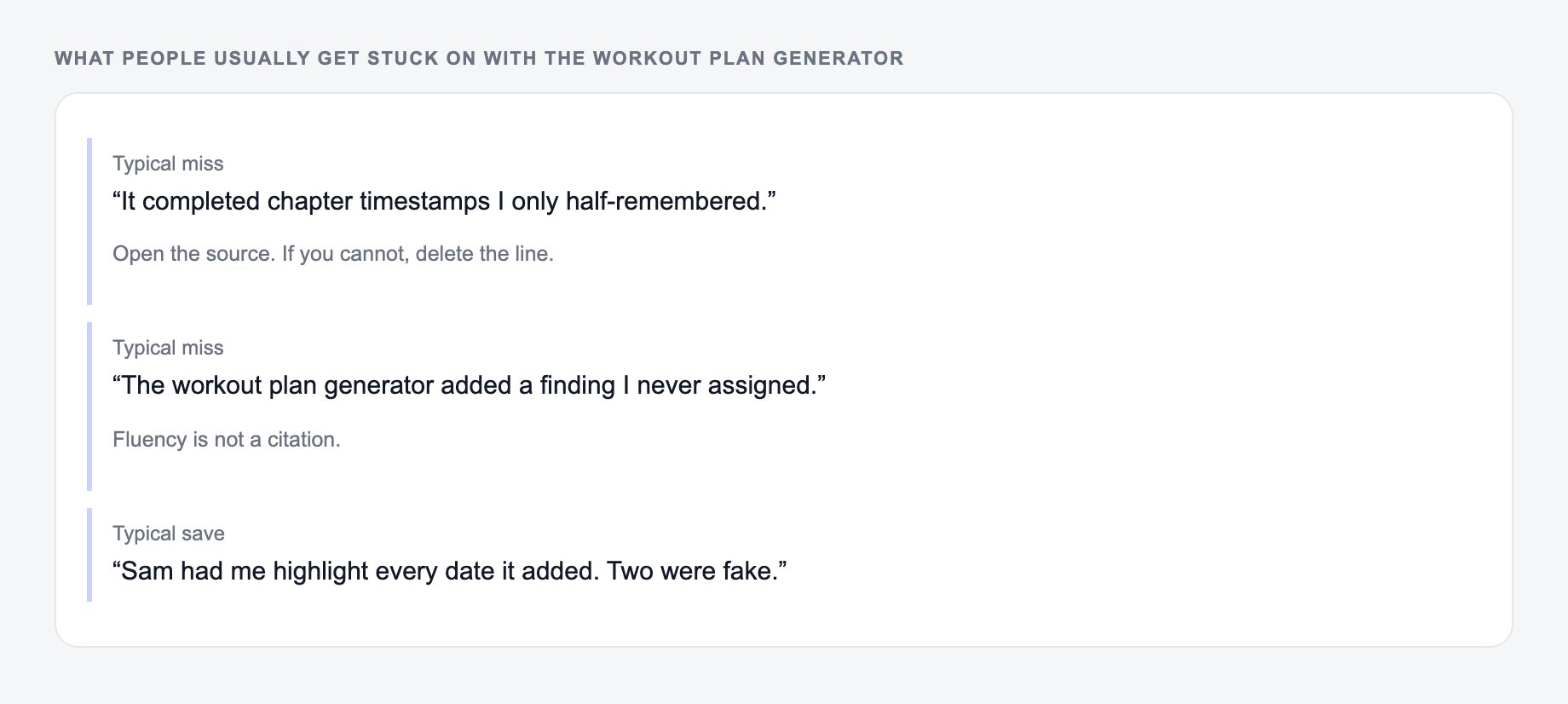 Screenshot of three review notes about the Workout Plan Generator, including a complaint that the draft invented a 28-minute runtime and a save that locked real timestamps and the booking URL