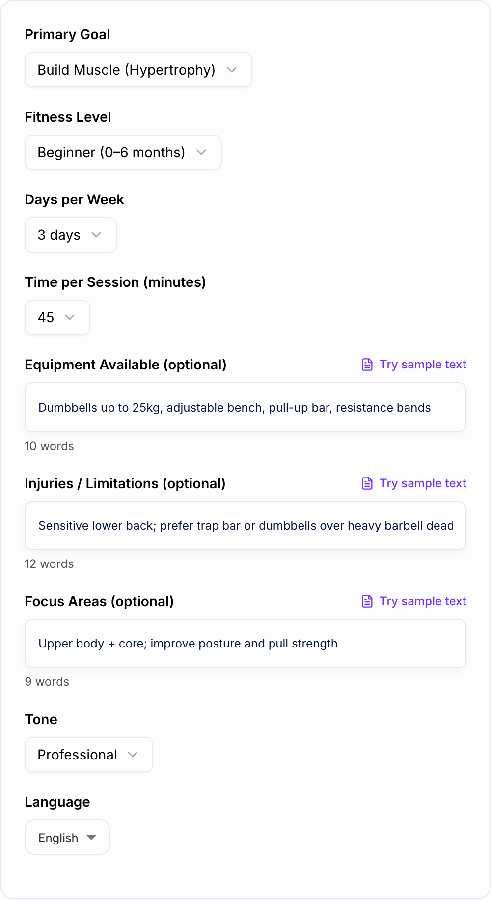 Screenshot of the AI Workout Plan Generator form with days, equipment, and a movement constraint filled in