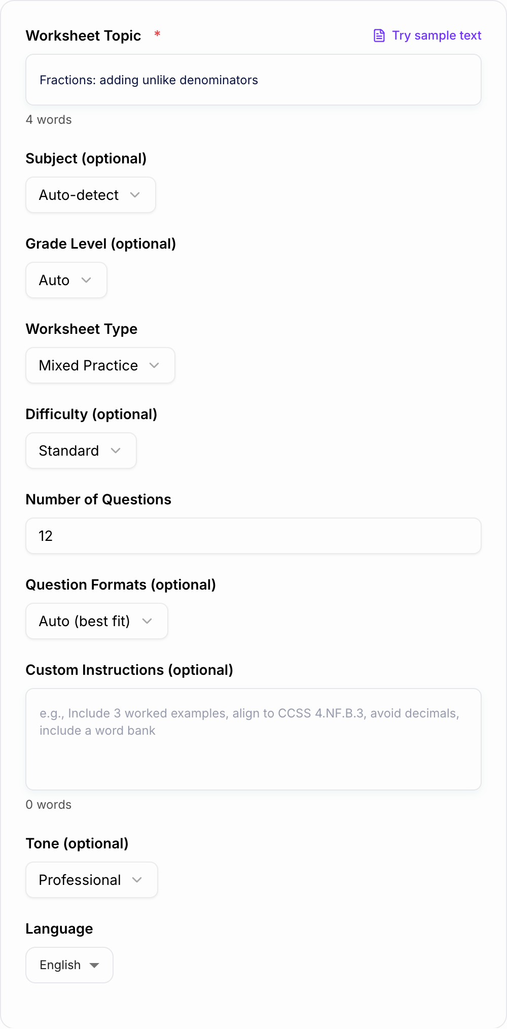 Screenshot of the AI Worksheet Generator form