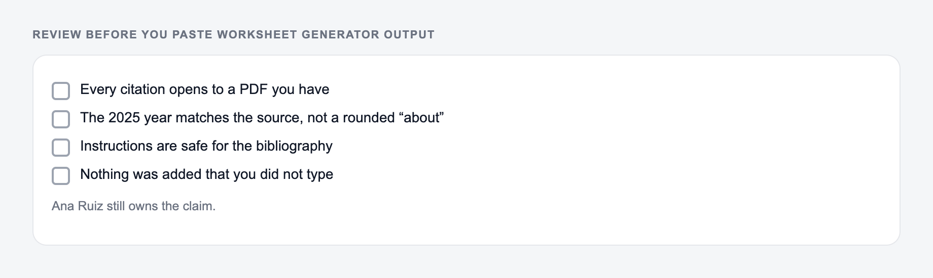 Screenshot of a four-item review checklist for Worksheet Generator output, covering what must stay true and what the draft is not allowed to invent