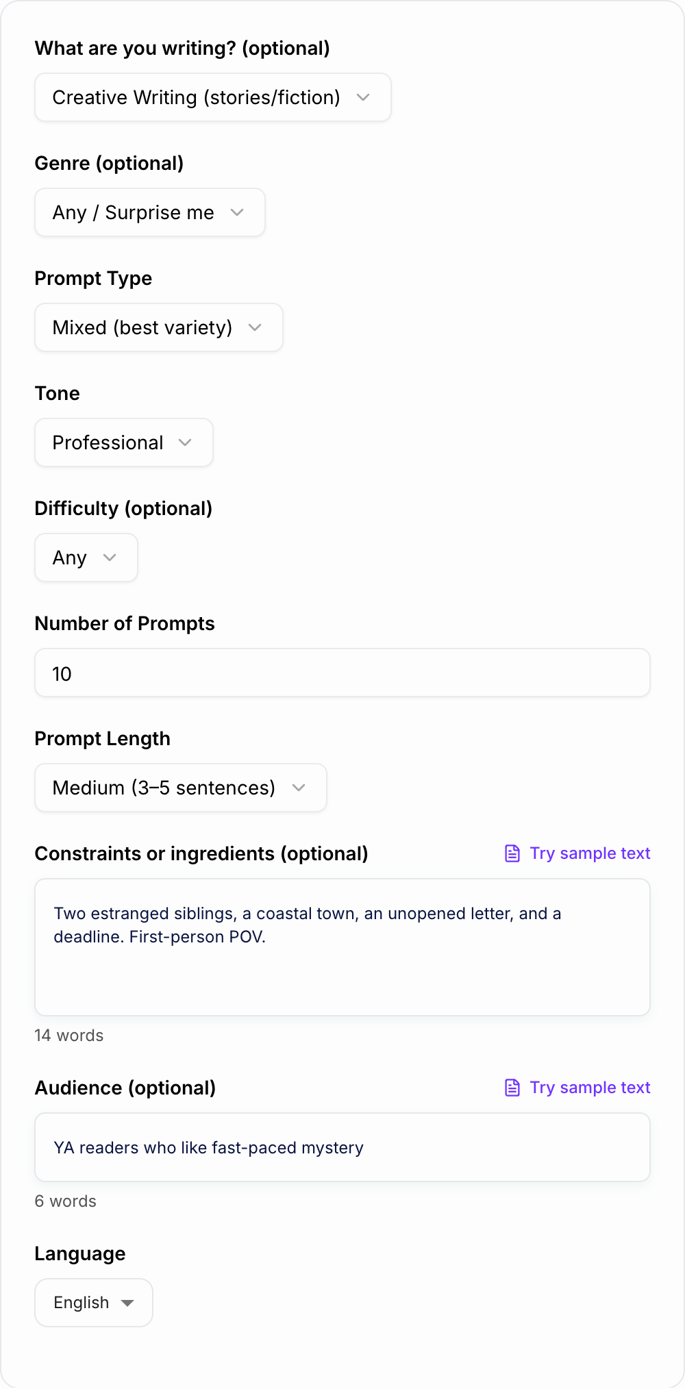 Screenshot of the AI Writing Prompt Generator form with genre, constraint, and audience filled in
