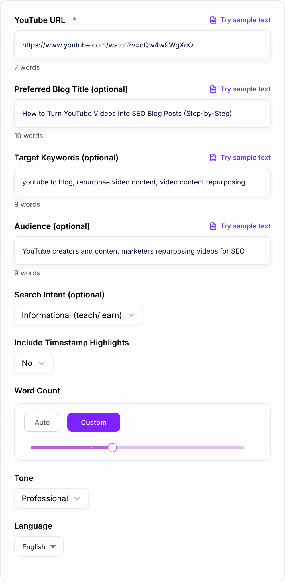 Screenshot of the YouTube to Blog Post Converter workspace