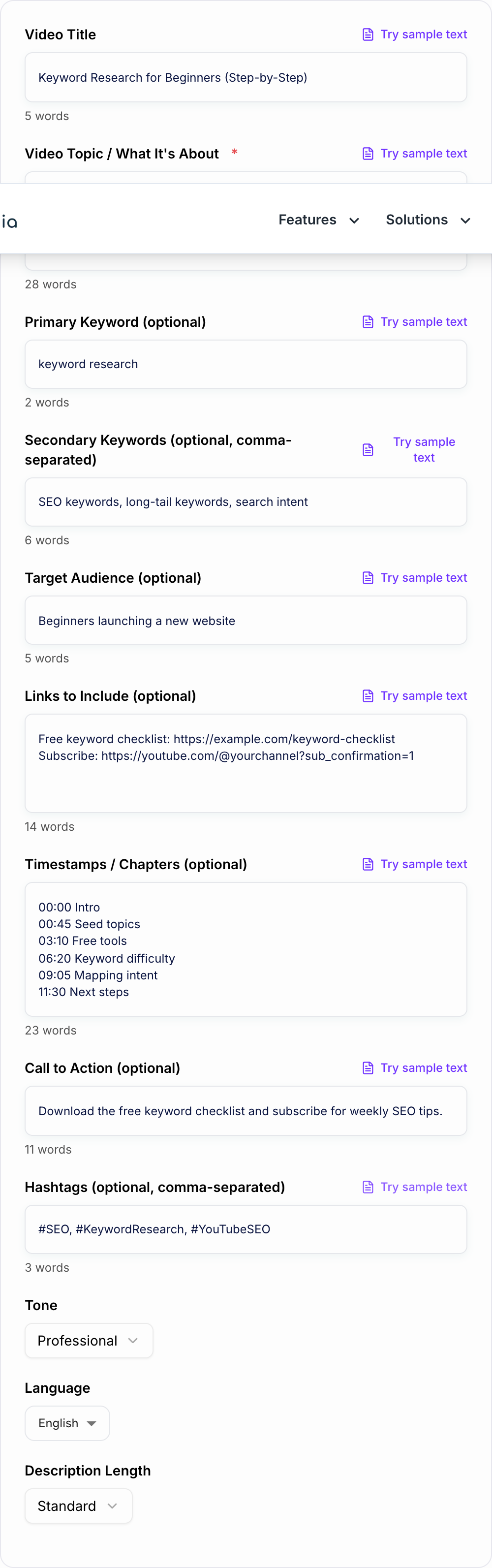 Screenshot of the AI YouTube Video Description Generator form with title, chapters, and links filled in