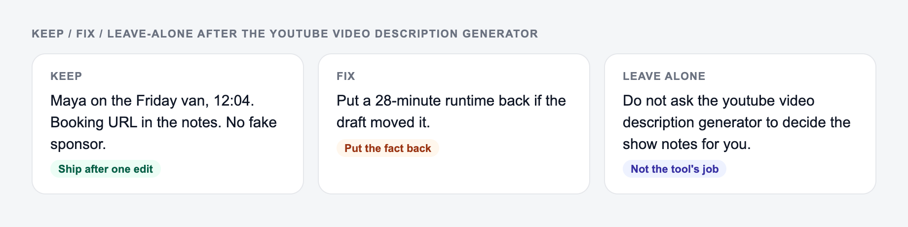 Screenshot of a keep / fix / leave-alone guide for the YouTube Video Description Generator: keep the line that names chapter timestamps, put a 28-minute runtime back, and do not outsource the show notes