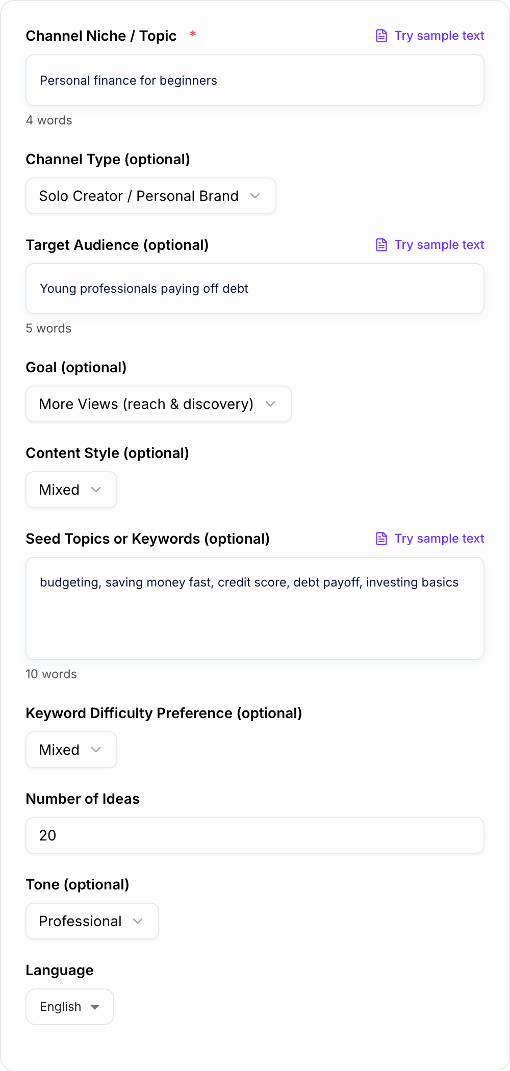 Screenshot of the AI YouTube Video Ideas Generator form