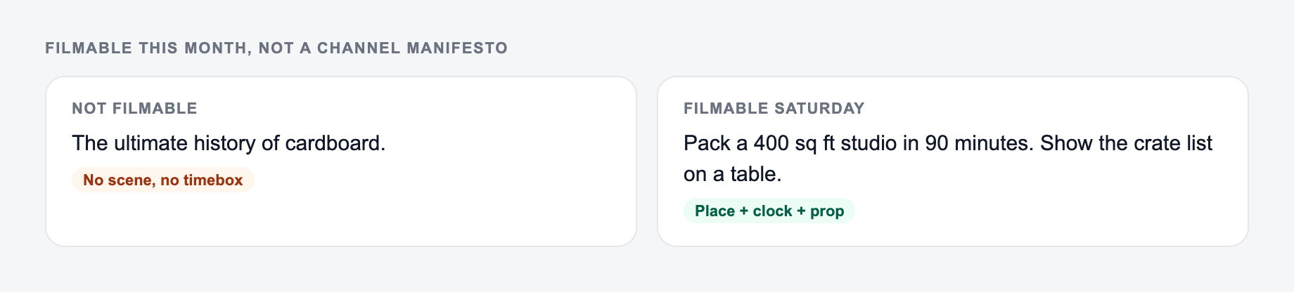 Filmable this month, not a channel manifesto