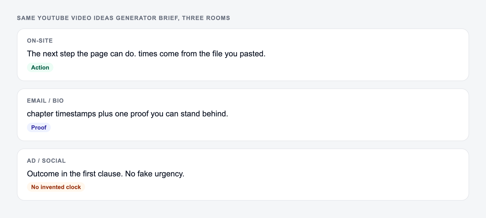 Screenshot of three use-case cards for the YouTube Video Ideas Generator showing how the same brief should change across rooms, including episode 41