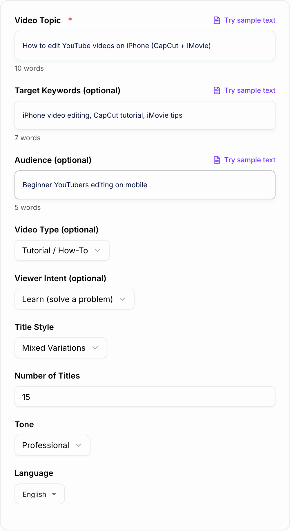 Screenshot of the AI YouTube Video Title Generator form