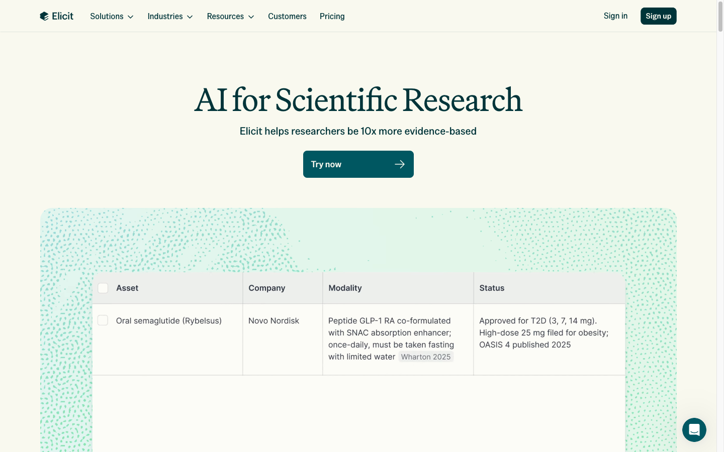 Elicit homepage showing an extraction-style table of study details, the kind of comparison view useful in a literature review