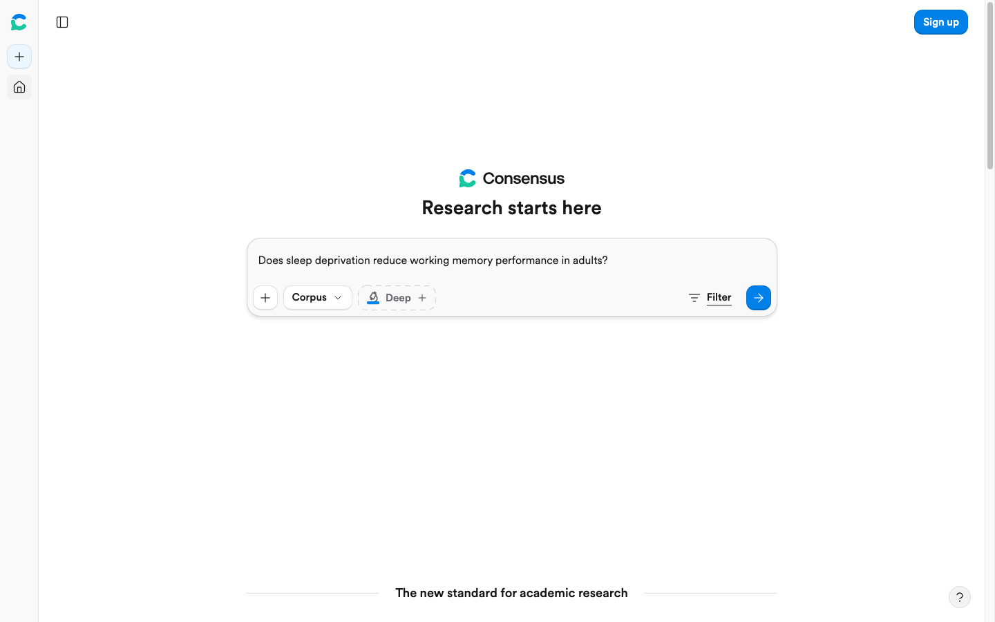 Consensus search box with a focused yes-or-no research question about sleep deprivation and working memory