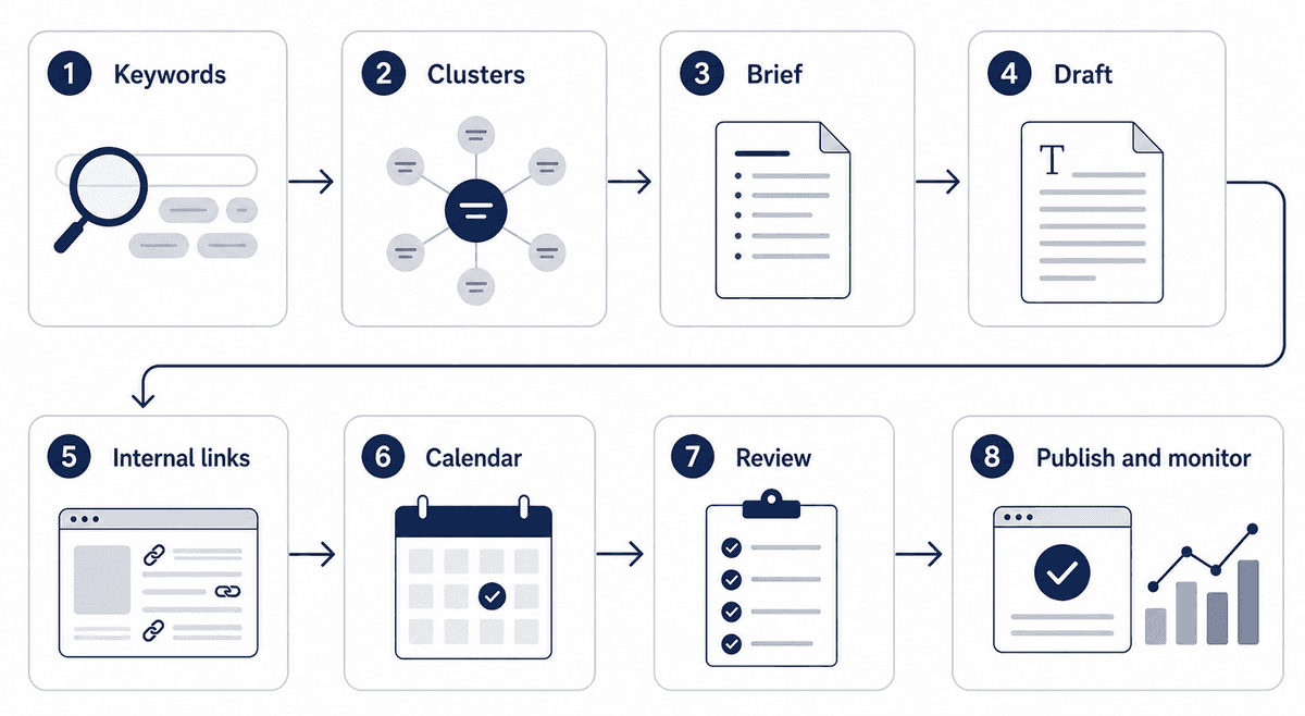 Eight-step AI autoblogging workflow from keywords to publish and monitor