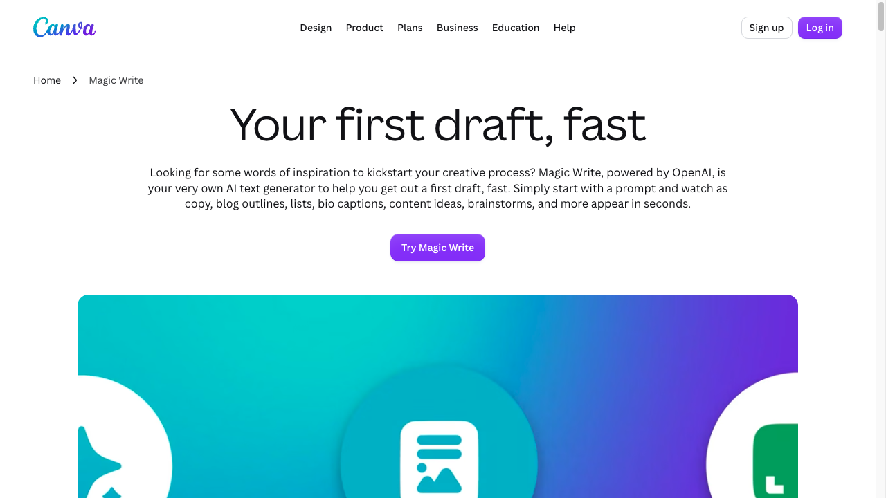Canva Magic Write page describing first-draft copy for captions, outlines, and campaign assets