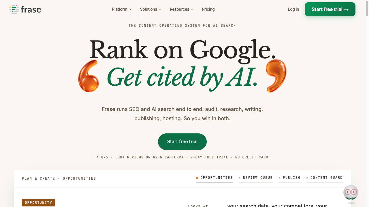 Frase homepage showing its SEO and AI-search positioning plus a content operating system preview