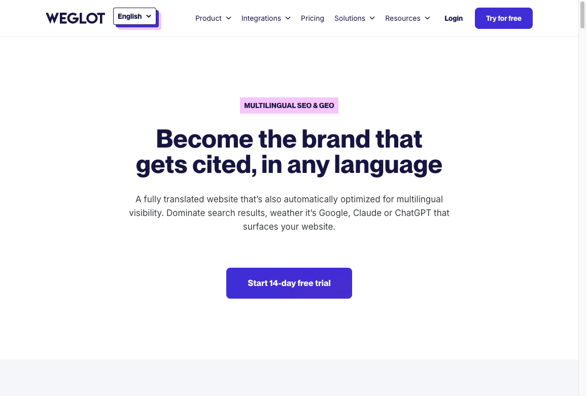 Weglot multilingual SEO and GEO product page showing automatic optimization for search visibility across languages