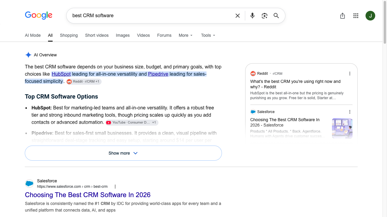Google AI Overview for best CRM software summarizing HubSpot and Pipedrive above the organic results