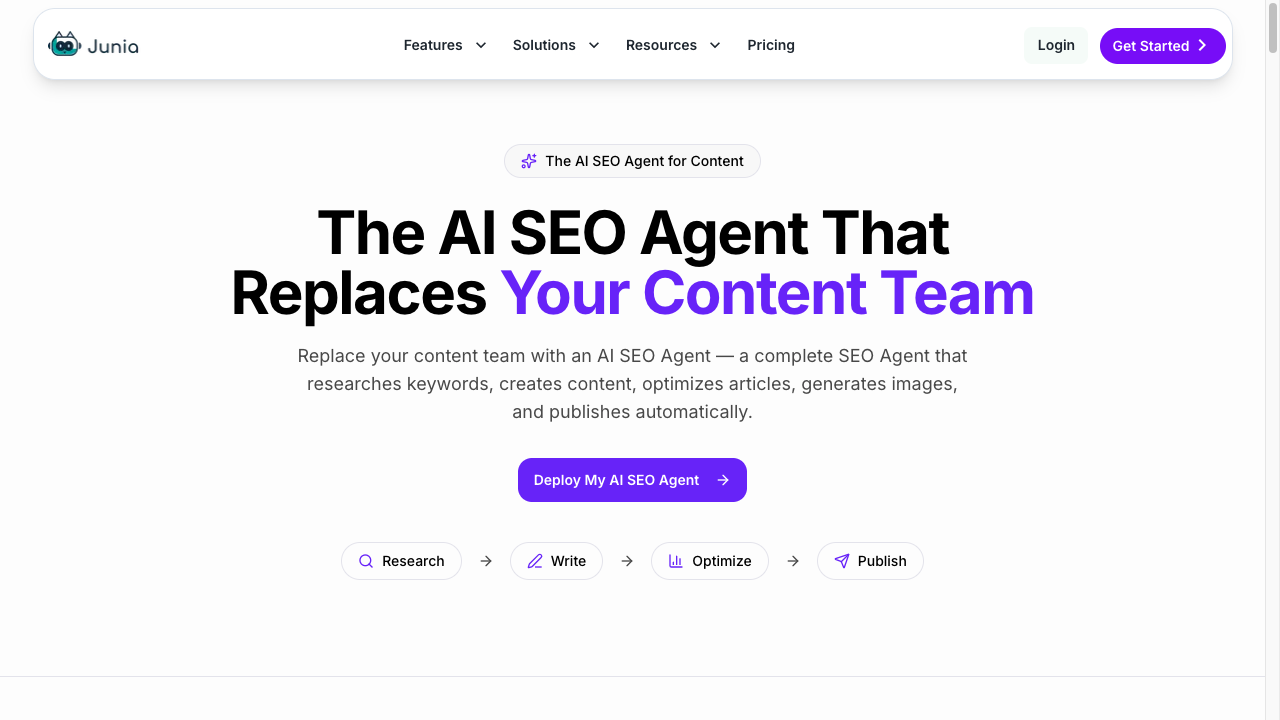 Junia AI SEO Agent workflow from research through publish