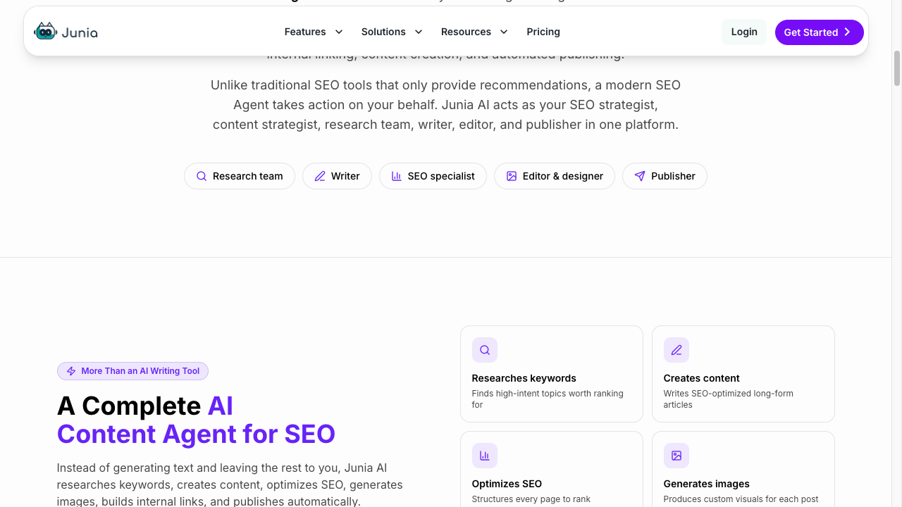 Junia AI SEO Agent framed as a content system that researches, writes, optimizes, and generates visuals