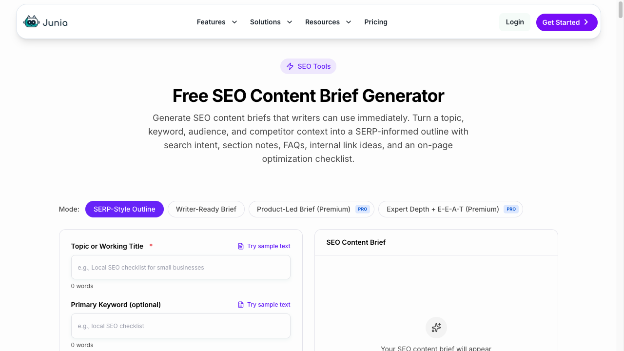 Junia SEO content brief generator with SERP-style outline and writer-ready brief modes