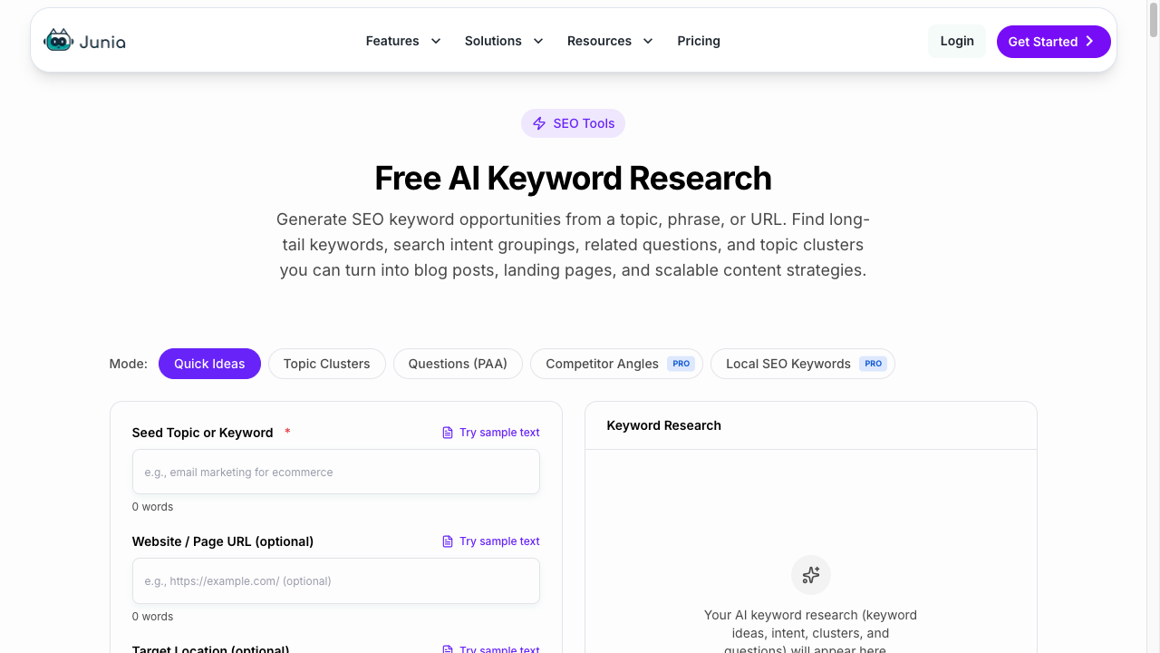Junia free AI keyword research tool with topic, cluster, and question modes