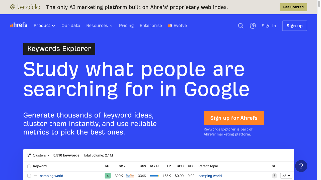 Ahrefs Keywords Explorer marketing page showing a single-job SEO tool with keyword metrics