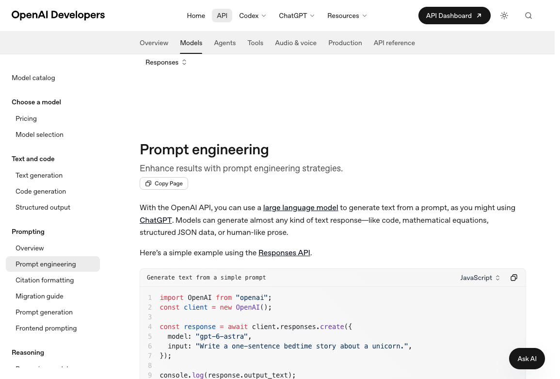OpenAI Developers prompt engineering guide with a simple Responses API example