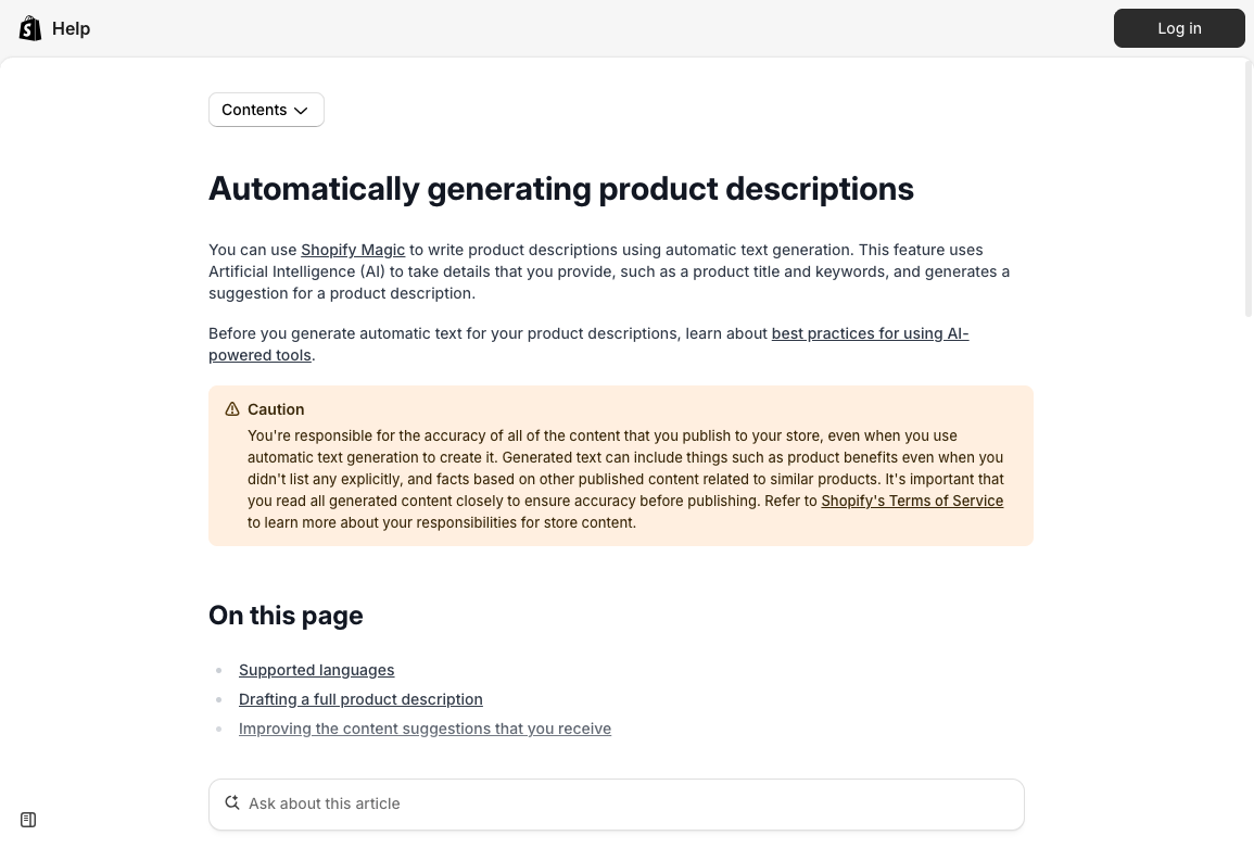 Shopify Help Center caution that merchants must review AI-generated product descriptions for accuracy