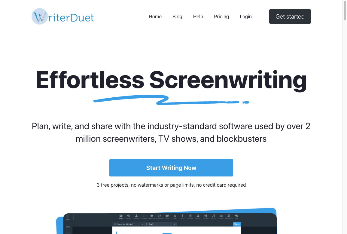 WriterDuet homepage with a screenwriting editor preview and a start-writing prompt