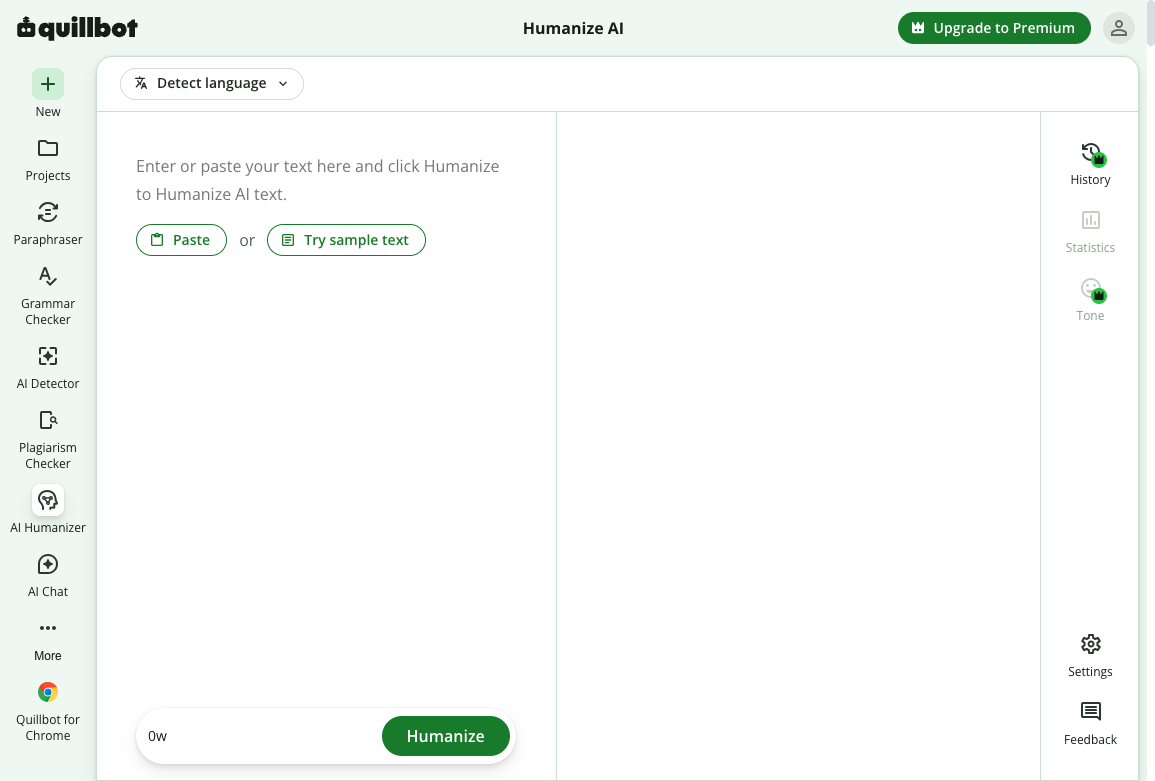 QuillBot AI Humanizer editor with paste box, sample text, and Humanize button