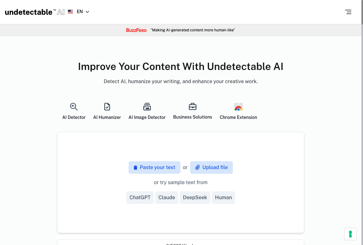Undetectable AI homepage with paste, upload, and sample-text options for humanizing AI writing