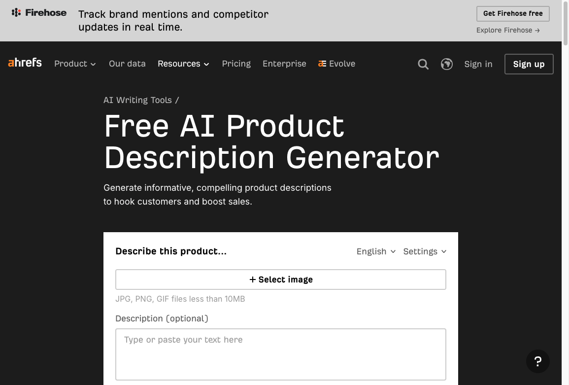 Ahrefs free AI product description generator with product details and image upload fields