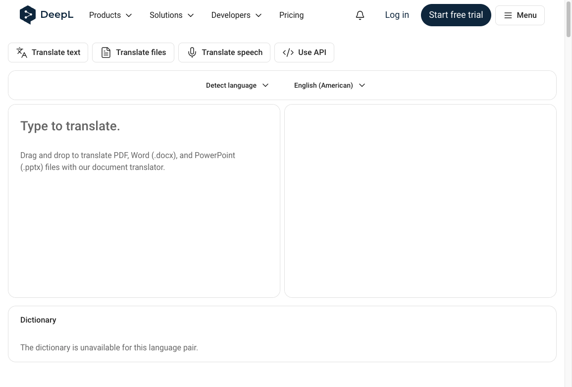 DeepL translator interface with side-by-side source and translation panels, plus document, speech, and API modes