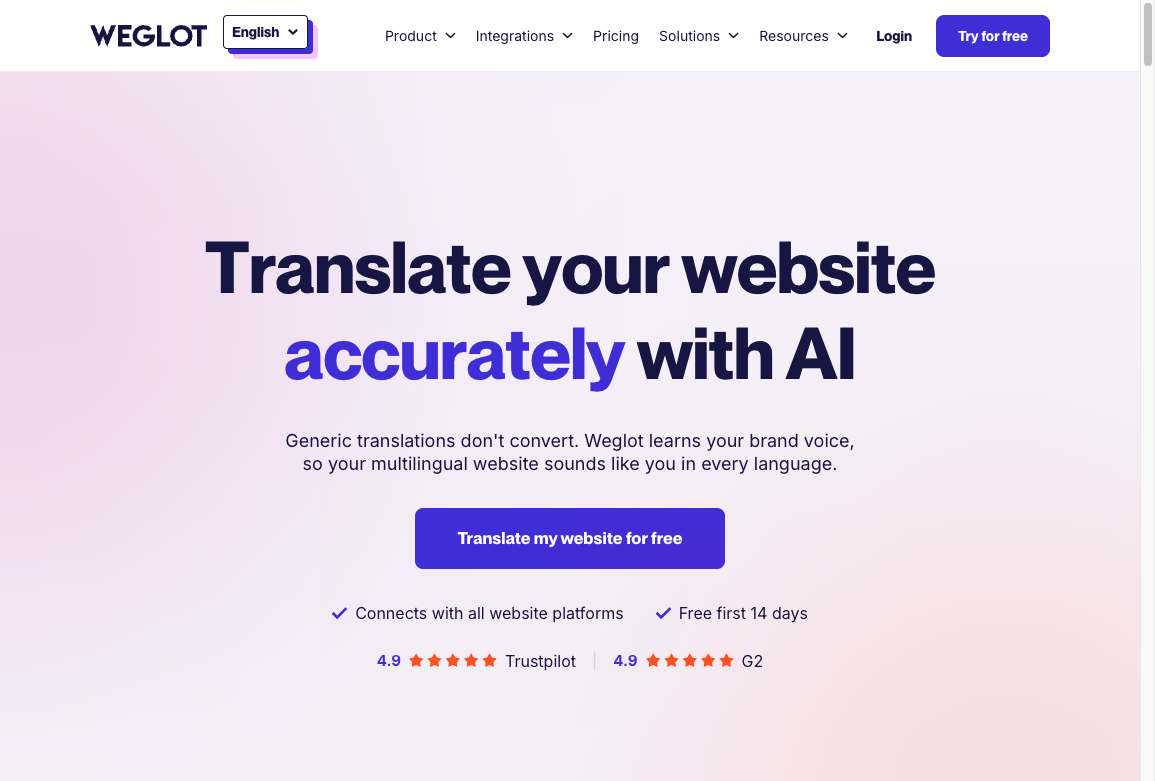 Weglot homepage positioning website translation as a no-code layer with a 14-day trial and CMS integrations