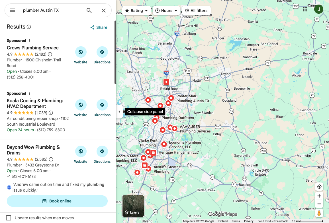 Google Maps results for plumbers in Austin showing ratings, hours, categories, and review snippets next to map pins