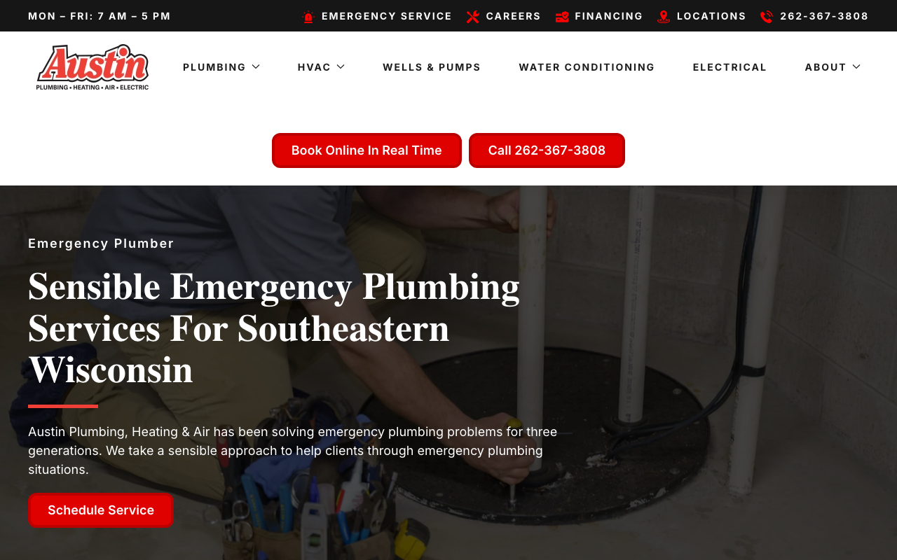 Emergency plumbing service page with a tap-to-call button and book-online CTA above the fold