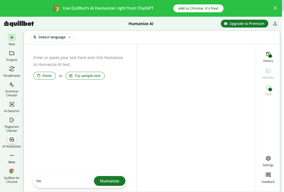 QuillBot AI Humanizer editor with a paste-or-sample-text input and a Humanize button