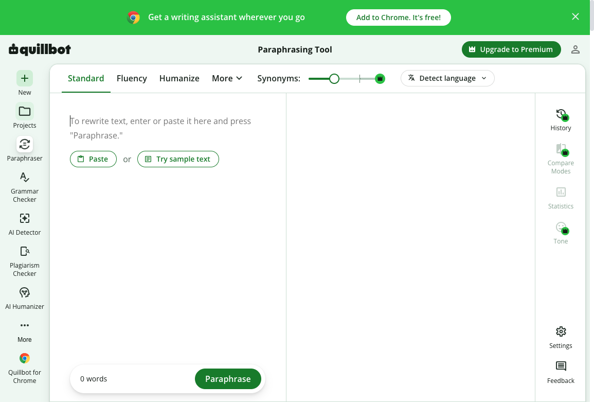 QuillBot paraphrasing tool with Standard, Fluency, and Humanize modes plus a synonym slider