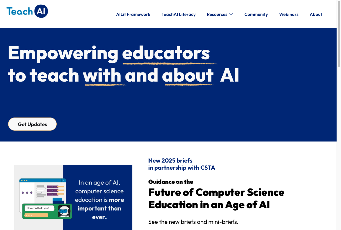 TeachAI homepage promoting AI literacy for educators, including the AILit Framework and 2025 computer science education briefs