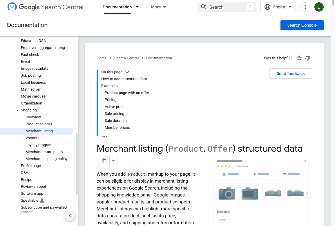 Google Search Central merchant listing structured data documentation showing product offer markup